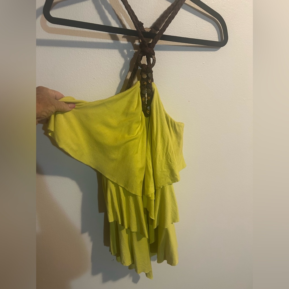 Boston Proper chartreuse halter top with Brown Strap